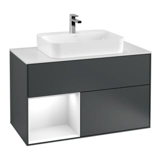 V&B Meuble sous lavabo Finion 100, éclairage mural, blanc mat, laqué gris clair, mat brillant