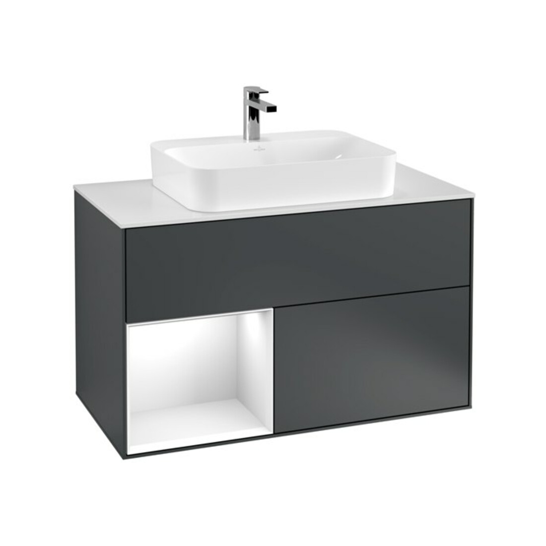 V&B Meuble sous lavabo Finion 100, éclairage mural, blanc mat, laqué gris clair, mat brillant