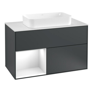 V&B Meuble sous lavabo Finion 100, éclairage mural, blanc mat, laqué, gris clair, mat laqué