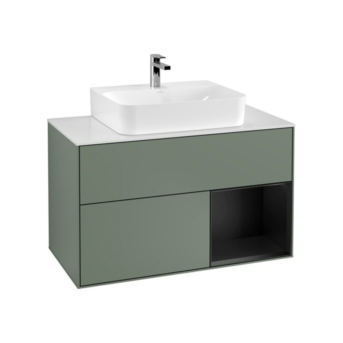 V&B Meuble sous lavabo Finion 100, éclairage mural, blanc mat, laqué, olive mat, laqué