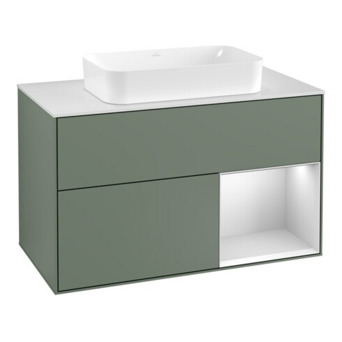 V&B Meuble sous-lavabo Finion 100, éclairage mural, blanc mat, laqué, olivier laqué