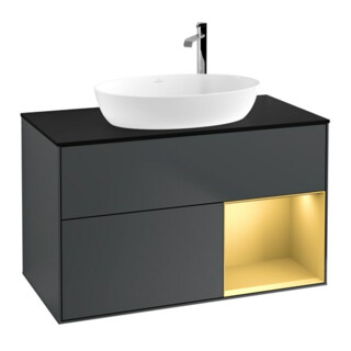 V&B Meuble sous lavabo Finion 100, éclairage mural, blanc mat, laqué or, mat bleu laqué