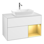 V&B Meuble sous lavabo Finion 100, éclairage mural, blanc mat, laqué or mat, laqué blanc brillant