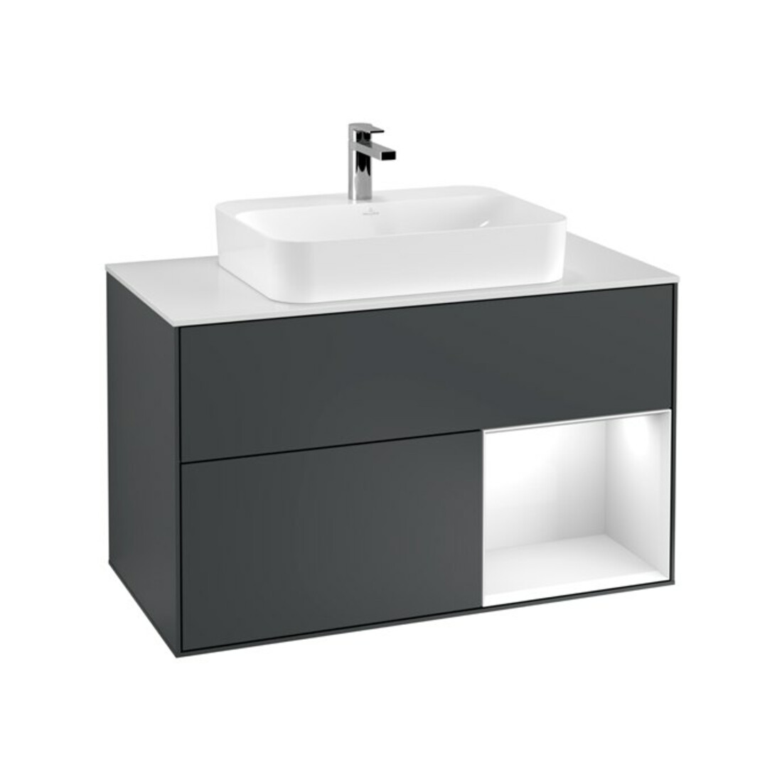 V&B Meuble sous lavabo Finion 100, éclairage mural, blanc mat, laque rouge, bleu mat laqué