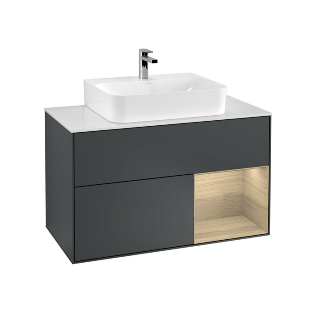 V&B Meuble sous lavabo Finion 100, éclairage mural, blanc mat, miroir, LED bleue, laqué