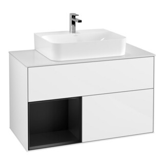 V&B Meuble sous-lavabo Finion 100, éclairage mural, blanc mat, poignée laquée bleue, laqué brillant blanc