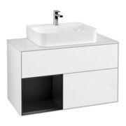 V&B Meuble sous-lavabo Finion 100, éclairage mural, blanc mat, poignée laquée bleue, laqué brillant blanc-1