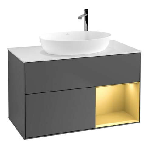 V&B Meuble sous lavabo Finion 100, éclairage mural, blanc mat, poignée or mat, anthracite mat