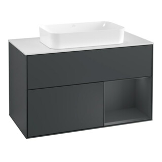 V&B Meuble sous-lavabo Finion 100, éclairage mural, blanc mat, poignée rouge mat laqué, rouge mat laqué
