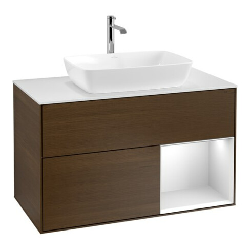 V&B Meuble sous-lavabo Finion 100, éclairage mural, blanc mat, porte blanc mat Lac, veinage noyer