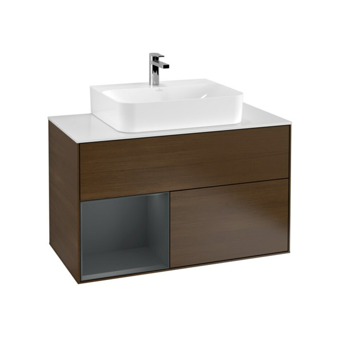 V&B Meuble sous lavabo Finion 100, éclairage mural, blanc mat, porte gauche, avec verre lacqué, finition noyer veinée