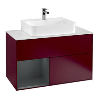 V&B Meuble sous-lavabo Finion 100, éclairage mural, blanc mat, porte gauche, miroir bleu avec laque, poignée métal