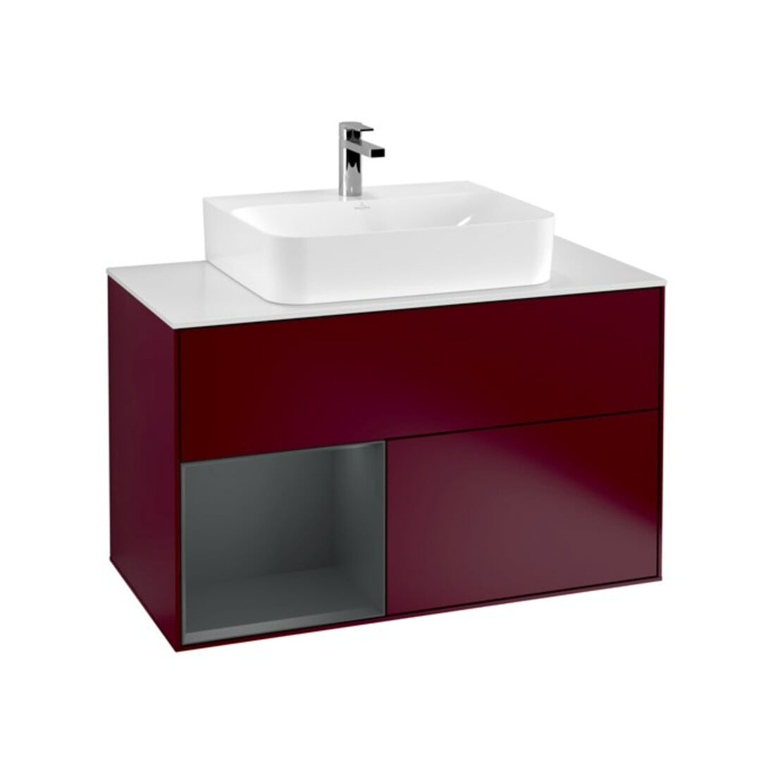 V&B Meuble sous-lavabo Finion 100, éclairage mural, blanc mat, porte gauche, miroir bleu avec laque, poignée métal