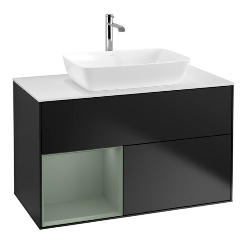V&B Meuble sous lavabo Finion 100, éclairage mural, blanc mat, rangement huile mat laqué, bleu mat laqué
