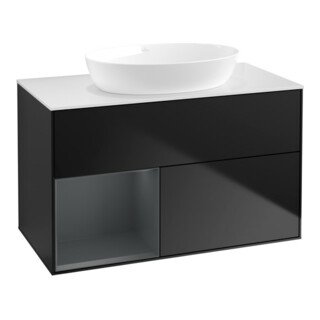 V&B Meuble sous lavabo Finion 100, éclairage mural, blanc mat, rangement médium mat laqué, bleu mat laqué