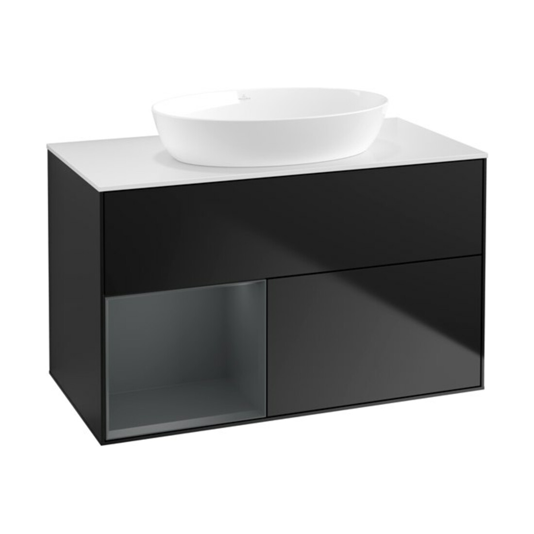 V&B Meuble sous lavabo Finion 100, éclairage mural, blanc mat, rangement médium mat laqué, bleu mat laqué