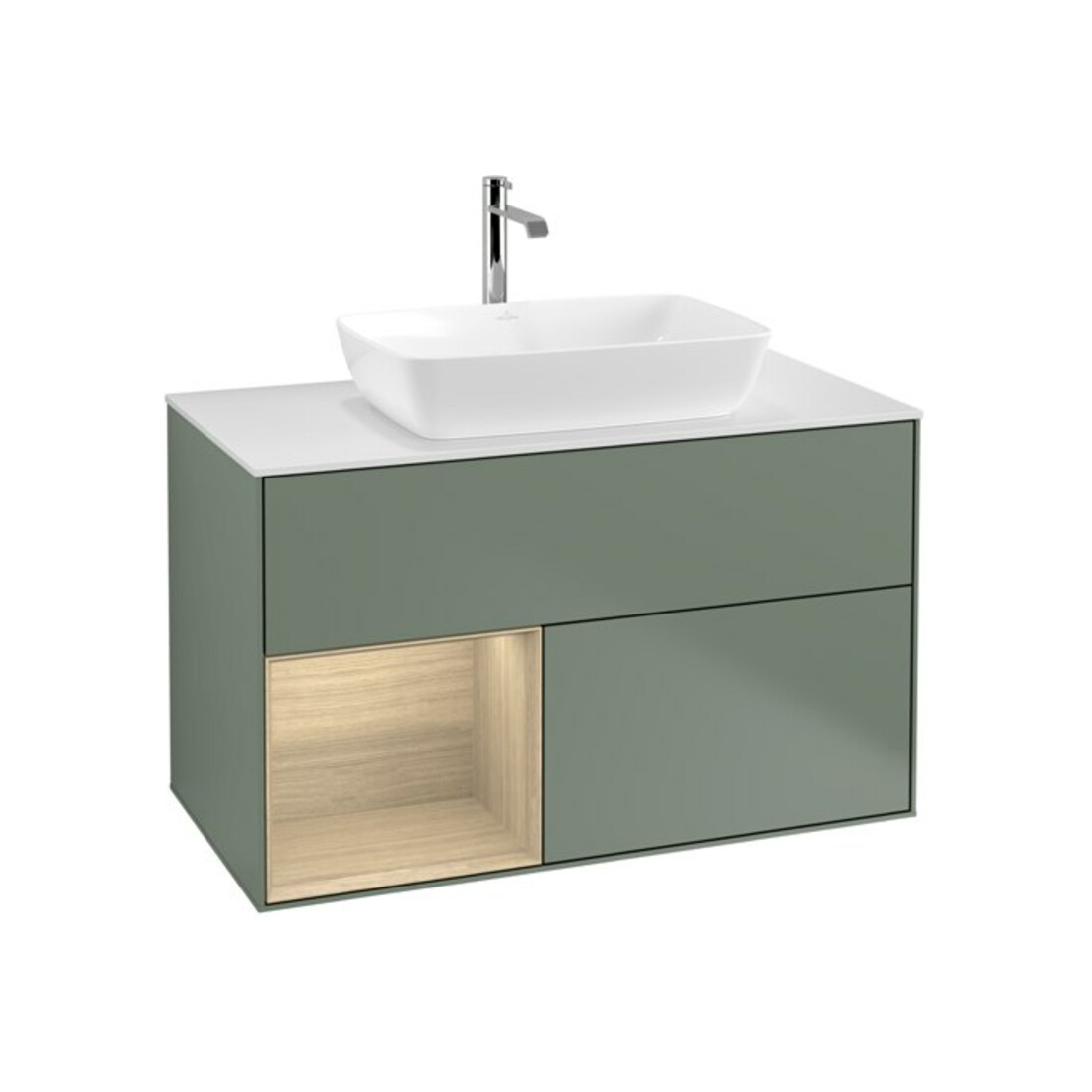 V&B Meuble sous lavabo Finion 100, éclairage mural, blanc mat, rangement ouvert, huile mat laqué