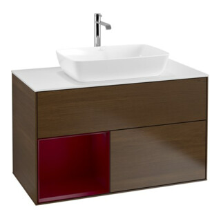 V&B Meuble sous lavabo Finion 100, éclairage mural, blanc mat, rangement Peo mat laqué, noyer veinée