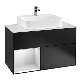 V&B Meuble sous lavabo Finion 100, éclairage mural, blanc mat, rég. gauche, blanc mat laqué, bleu mat laqué