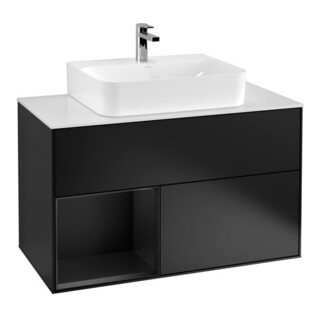 V&B Meuble sous lavabo Finion 100, éclairage mural, blanc mat, régable gauche, bleu mat laqué