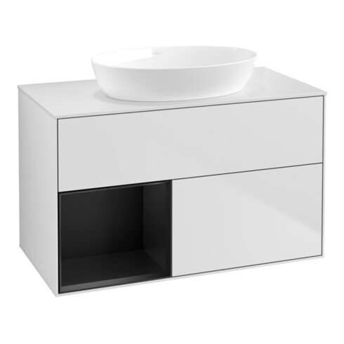 V&B Meuble sous lavabo Finion 100, éclairage mural, blanc mat, réglette bleue mat laquée, blanc mat laqué