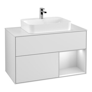 V&B Meuble sous lavabo Finion 100, éclairage mural, blanc mat, réglette droite blanc mat laqué