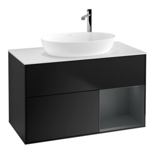 V&B Meuble sous lavabo Finion 100, éclairage mural, blanc mat, réglette médium mat laqué, bleu mat laqué