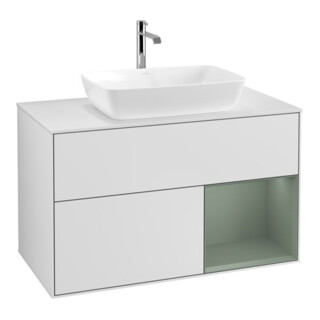 V&B Meuble sous lavabo Finion 100, éclairage mural, blanc mat, réglette olivier mat lacqué, blanc mat lacqué