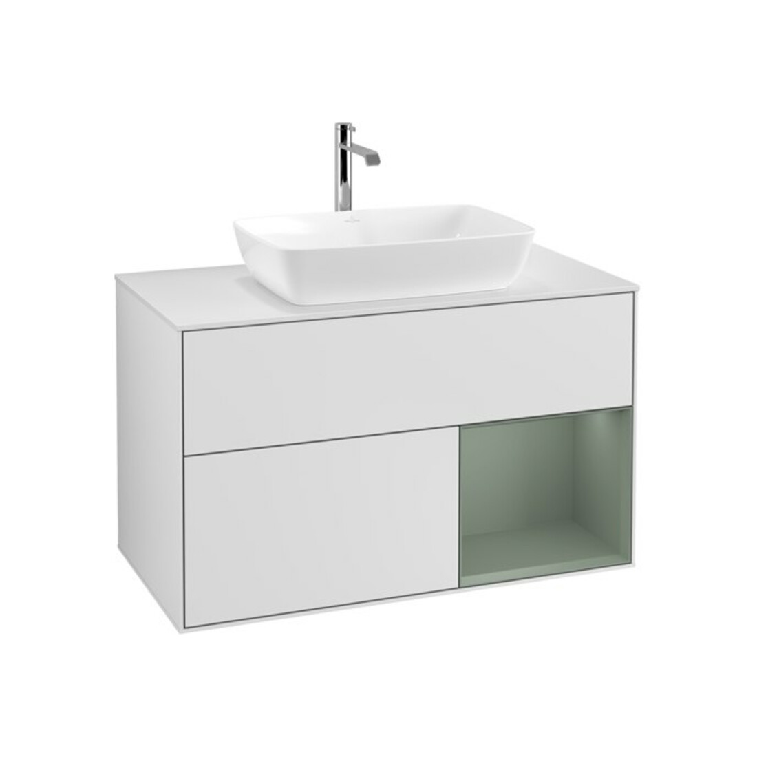 V&B Meuble sous lavabo Finion 100, éclairage mural, blanc mat, réglette olivier mat lacqué, blanc mat lacqué