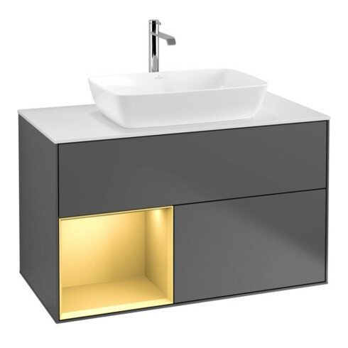 V&B Meuble sous lavabo Finion 100, éclairage mural, blanc mat, réglette or mat, anthracite mat