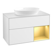 V&B Meuble sous lavabo Finion 100, éclairage mural, blanc mat, réglette or mat, laqué blanc brillant