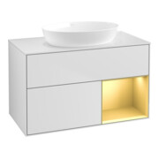 V&B Meuble sous lavabo Finion 100, éclairage mural, blanc mat, réglette or mat laqué, blanc mat laqué