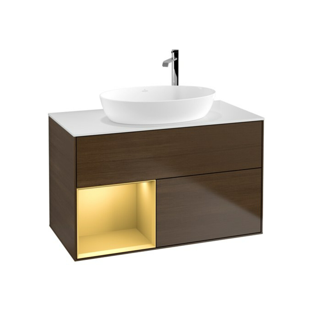 V&B Meuble sous lavabo Finion 100, éclairage mural, blanc mat, réglette or mat, noyer veinée