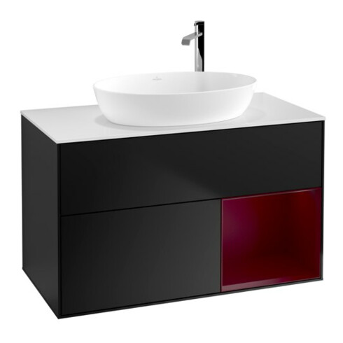 V&B Meuble sous lavabo Finion 100, éclairage mural, blanc mat, réglette Peo mat laqué, bleu mat laqué