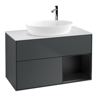 V&B Meuble sous lavabo Finion 100, éclairage mural, blanc mat, régulateur bleu mat laqué, métal bleu mat laqué
