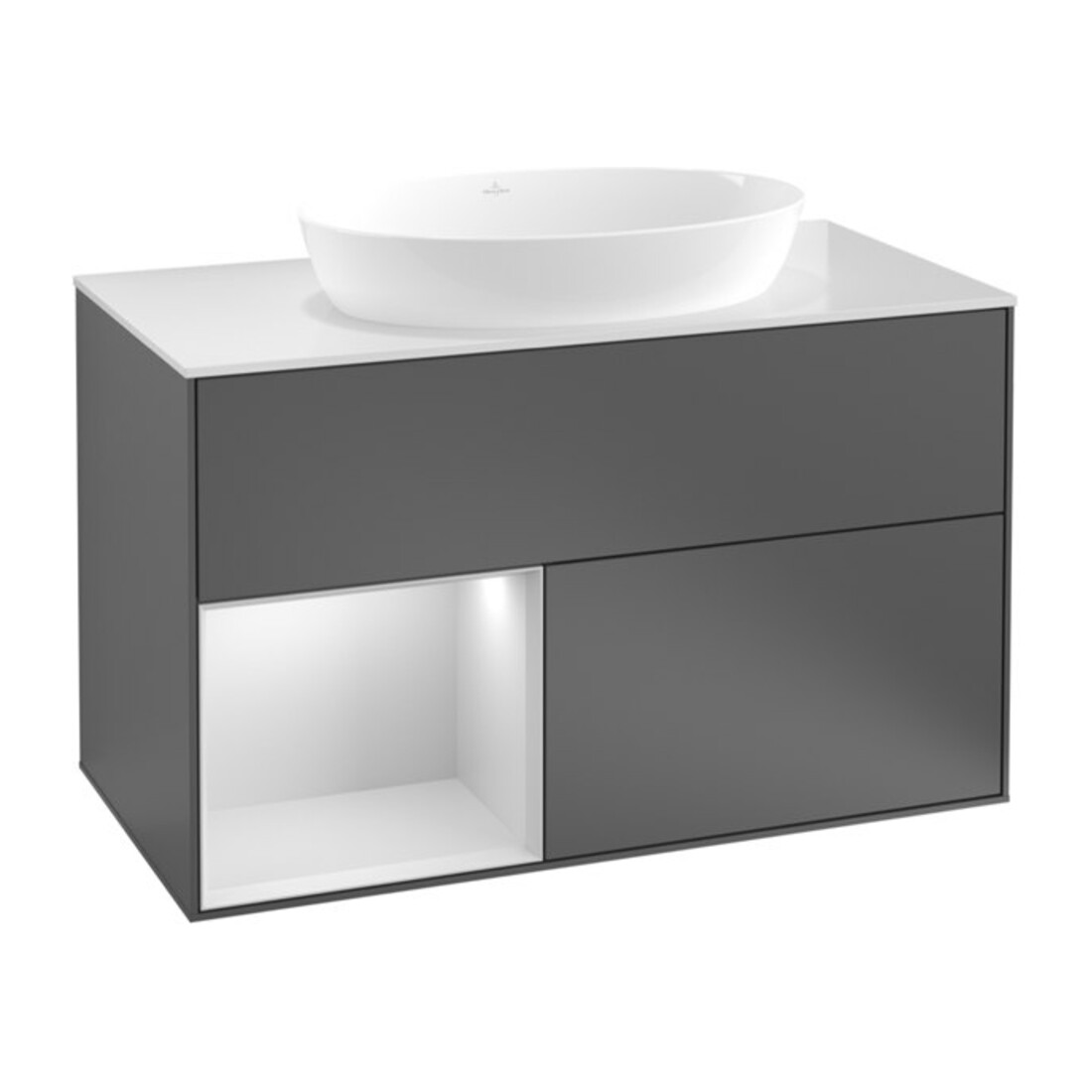 V&B Meuble sous-lavabo Finion 100, éclairage mural, blanc mat, régulé bleu mat, gris mat