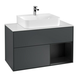 V&B Meuble sous lavabo Finion 100, éclairage mural, blanc mat, rouge brillant, mat bleu brillant