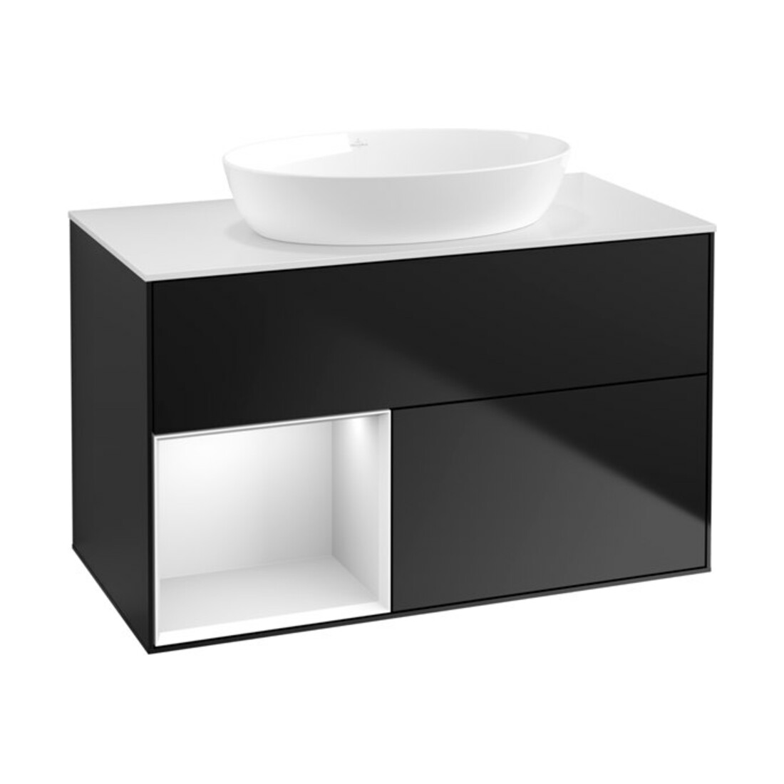 V&B Meuble sous lavabo Finion 100, éclairage mural, blanc mat, tiroir blanc mat, bleu mat