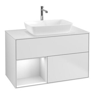 V&B Meuble sous lavabo Finion 100, éclairage mural, blanc mat, tiroir blanc mat laqué