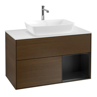V&B Meuble sous lavabo Finion 100, éclairage mural, blanc mat, tiroir bleu mat, noyer veneer