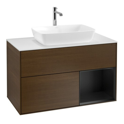 V&B Meuble sous lavabo Finion 100, éclairage mural, blanc mat, tiroir bleu mat, noyer veneer