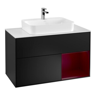 V&B Meuble sous lavabo Finion 100, éclairage mural, blanc mat, tiroir droit, poignée bleue mat