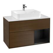 V&B Meuble sous lavabo Finion 100, éclairage mural, blanc mat, tiroir droite, bleu mat laqué, noyer veinée