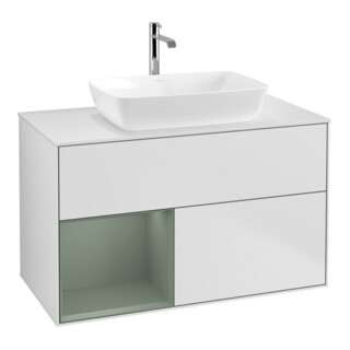 V&B Meuble sous lavabo Finion 100, éclairage mural, blanc mat, tiroir huilé mat laqué, blanc mat laqué