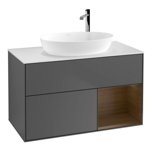V&B Meuble sous lavabo Finion 100, éclairage mural, blanc, rangement noyer, anthracite
