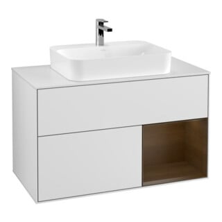 V&B Meuble sous lavabo Finion 100, éclairage mural, blanc, réglette droite, blanc mat laqué