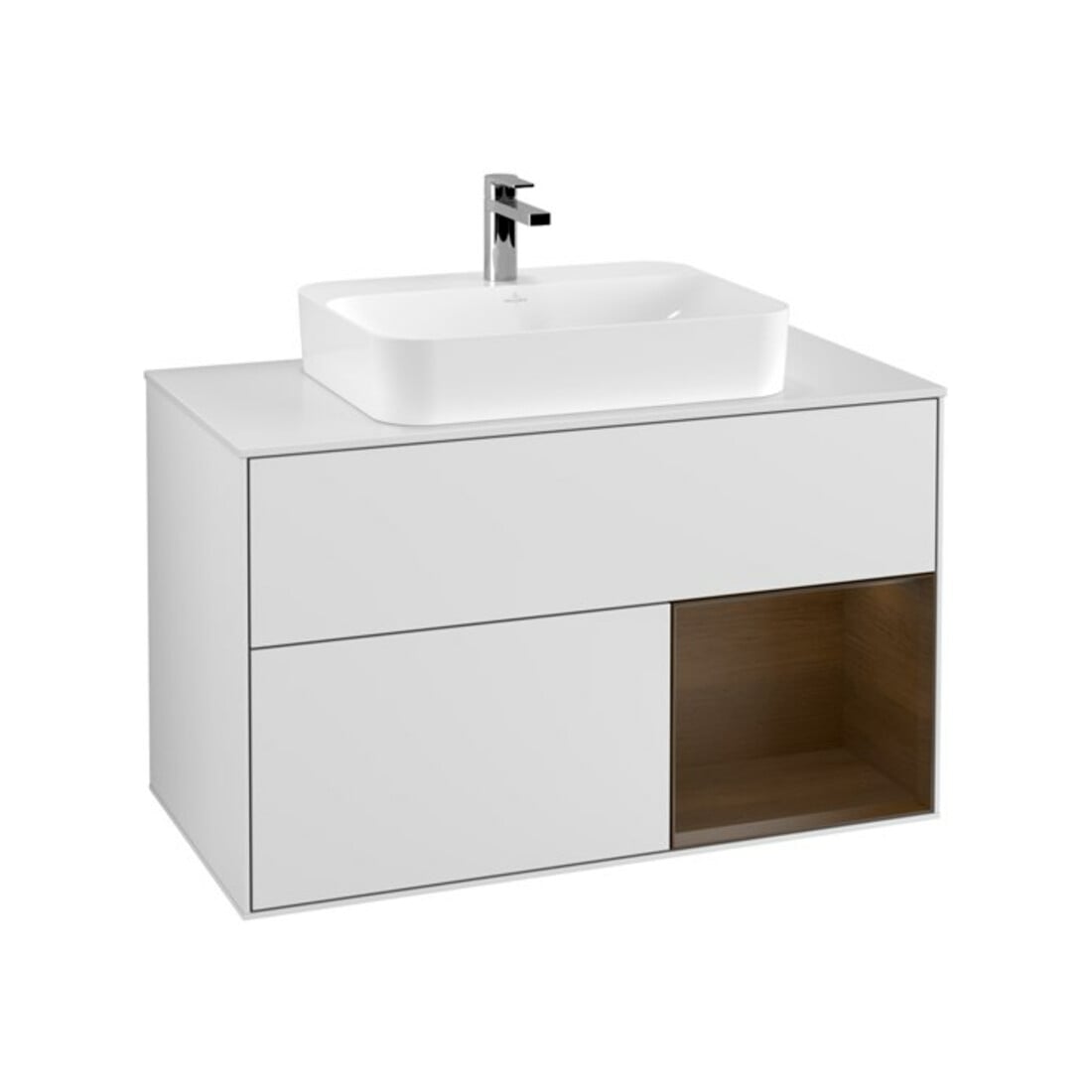 V&B Meuble sous lavabo Finion 100, éclairage mural, blanc, réglette droite, blanc mat laqué