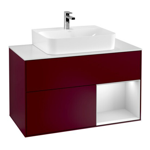 V&B Meuble sous-lavabo Finion 100, éclairage mural, blanc, réglette droite blanc, miroir Peo