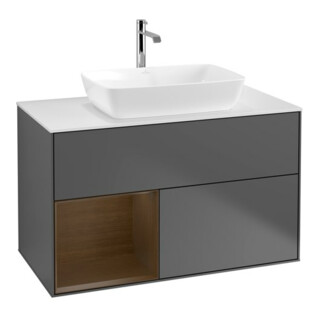 V&B Meuble sous lavabo Finion 100, éclairage mural, blanc, réglette en noyer, anthracite