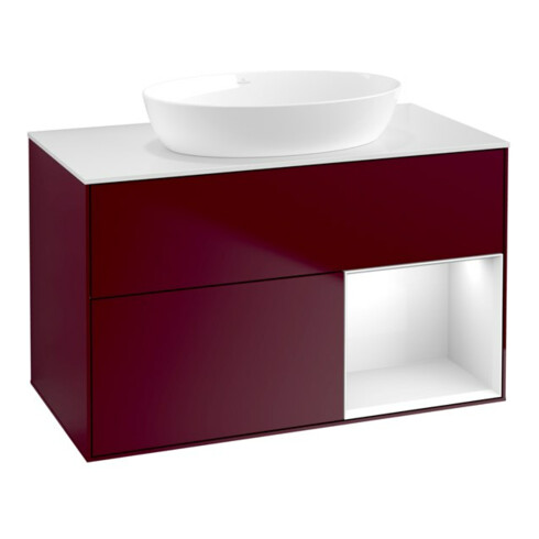 V&B Meuble sous lavabo Finion 100, éclairage mural, blanc, réglette LED blanche, miroir Peo